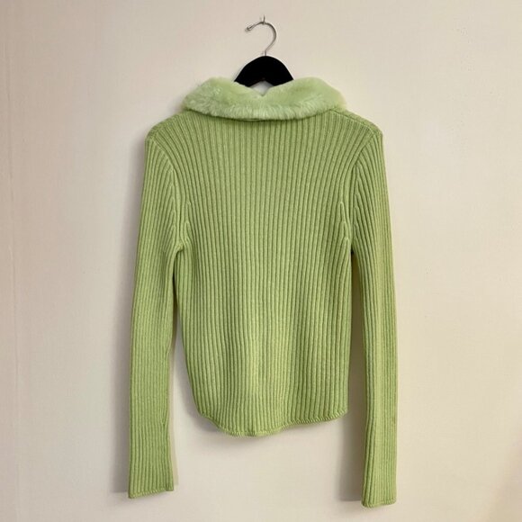 Chic Wild Fable Mint Green Faux-Fur Trim Tie-Front Cardigan (Y2K), Size L - Picture 2 of 4